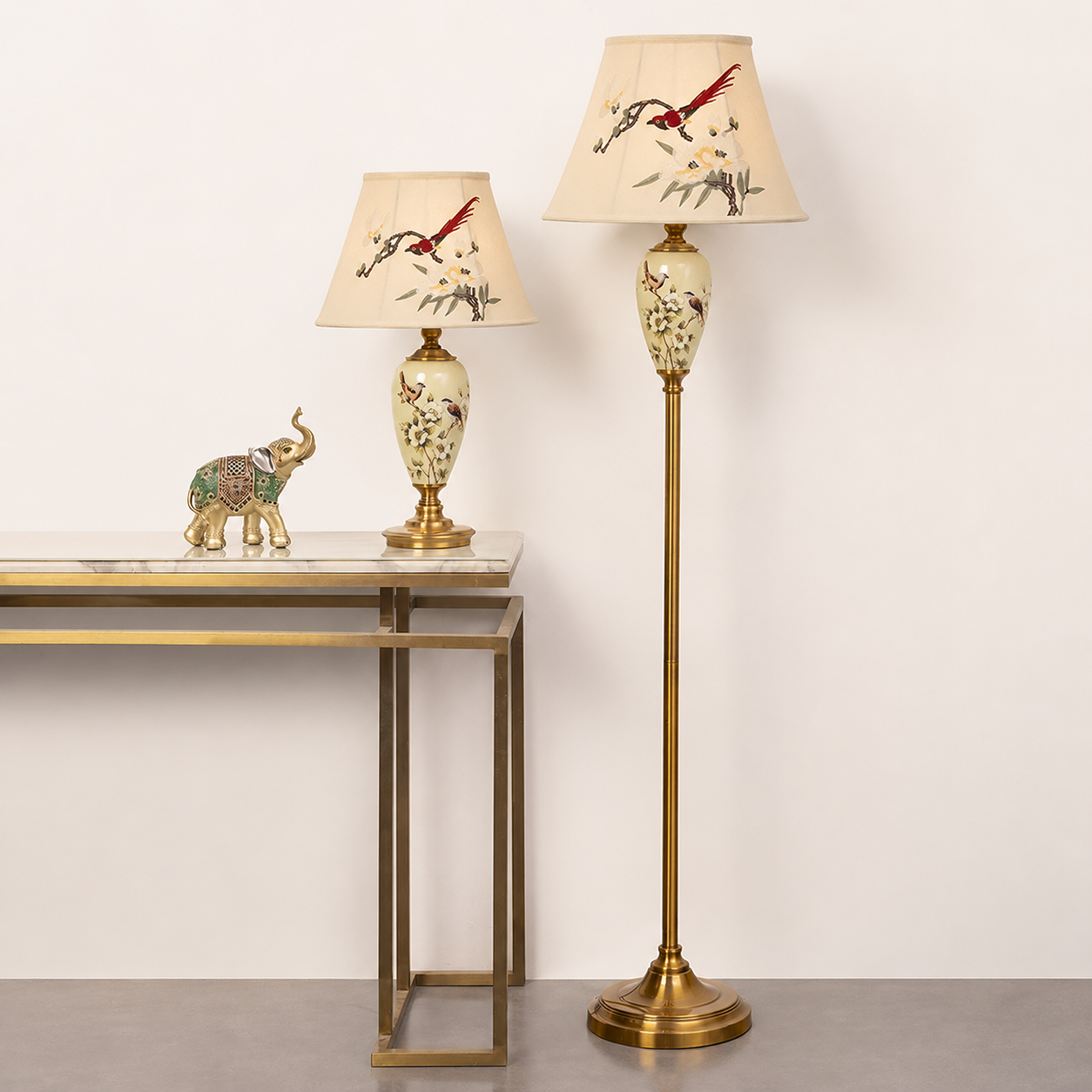 Fiesta Marble Effect Base Decorative Ceramic Floor Lamp & Table Lamp - Combo (Bird Shade)