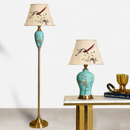 Alabama Floral Base Tall Floor & Celestial Shine Designer Table Lamp - Combo (Bird Shade)