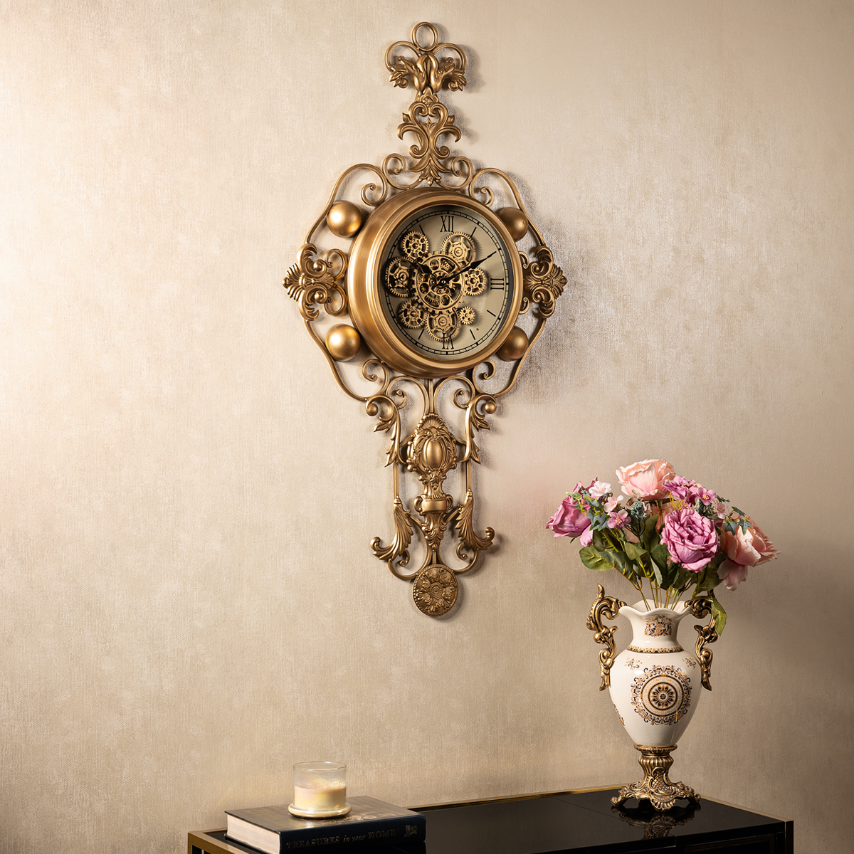 Grand Florentine Luxury Designer Wall Clock With Moving Gear Mechanism Buy Wall Clock Online (Steel Body)