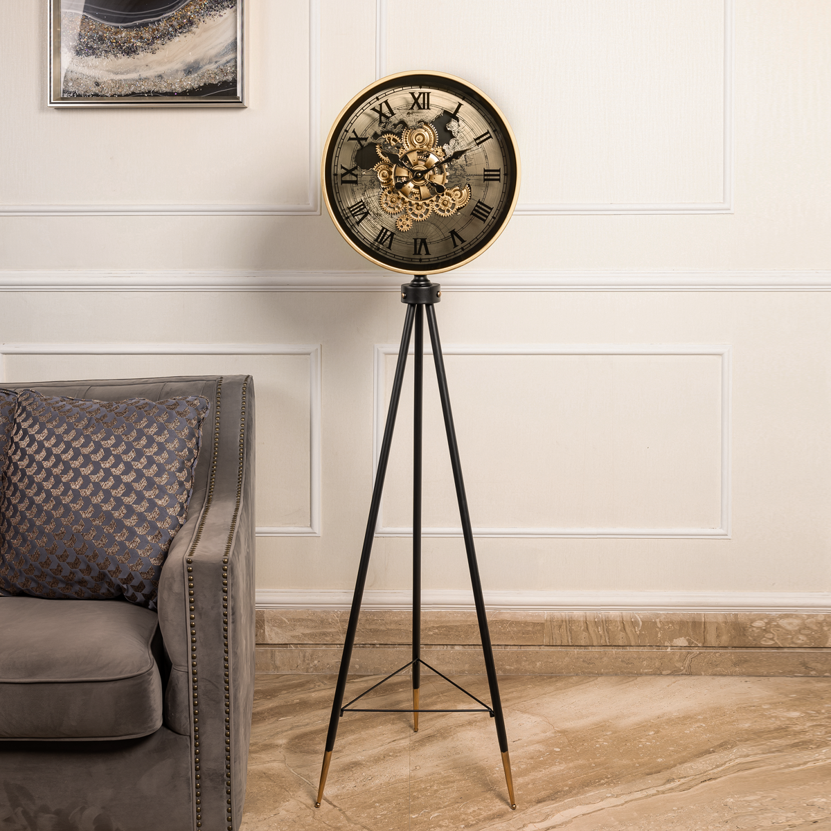 Phantom Dial Tripod Base Luxury Designer Standing Clock With Moving Gear Mechanism - Black (Steel Body)