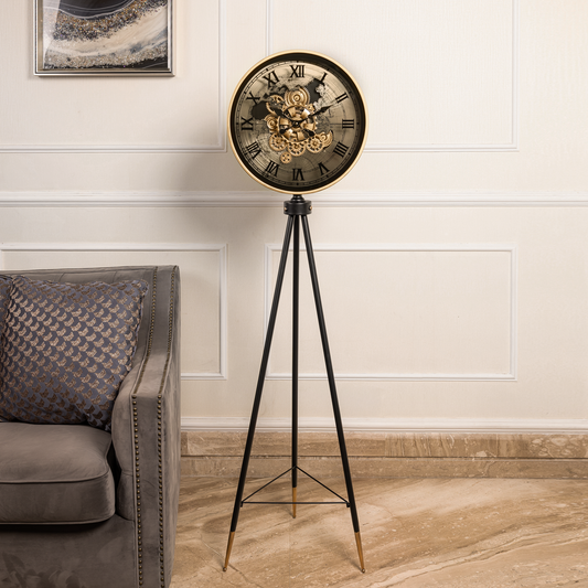 Phantom Dial Tripod Base Luxury Designer Standing Clock With Moving Gear Mechanism - Black (Steel Body)