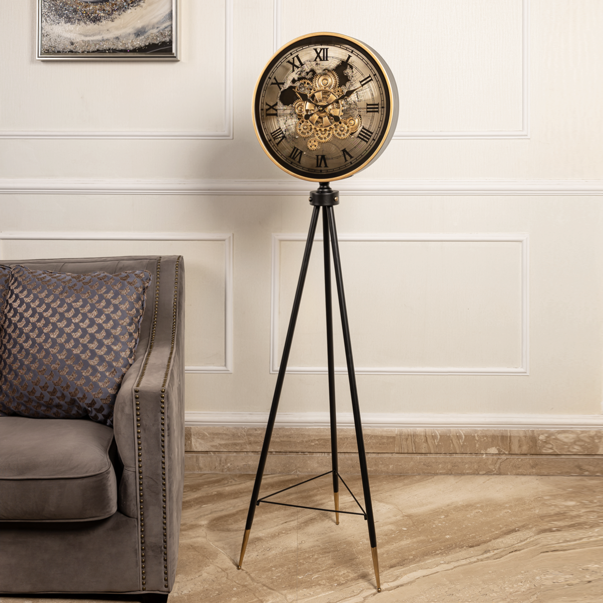 Phantom Dial Tripod Base Luxury Designer Standing Clock With Moving Gear Mechanism - Black (Steel Body)