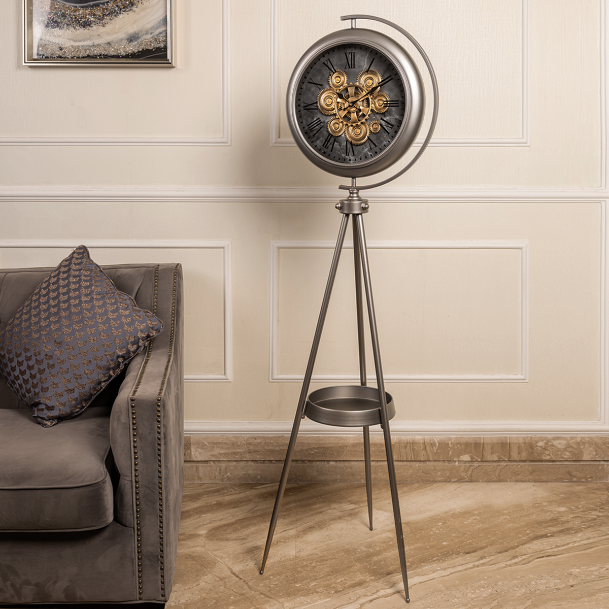 Polaris Mechanica Tripod Base Luxury Designer Standing Clock With Moving Gear Mechanism (Steel Body)