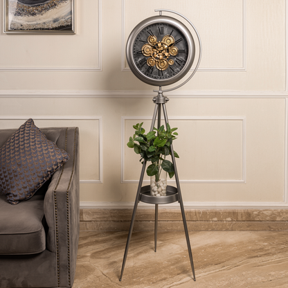 Polaris Mechanica Tripod Base Luxury Designer Standing Clock With Moving Gear Mechanism (Steel Body)