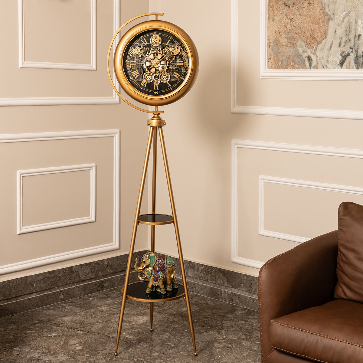 Chrono Luxe Tripod Base Luxury Designer Floor Clock With Moving Gear Mechanism (Steel Body)