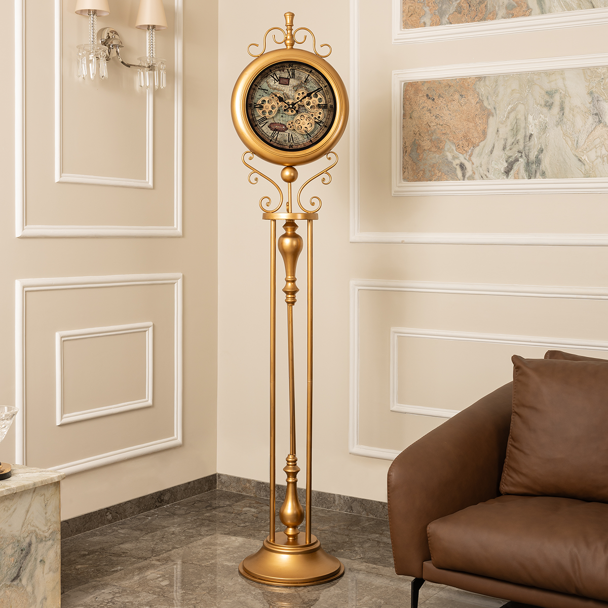 Victorian Timeless Tradition Luxury Designer Standing Clock With Moving Gear Mechanism (Steel Body)