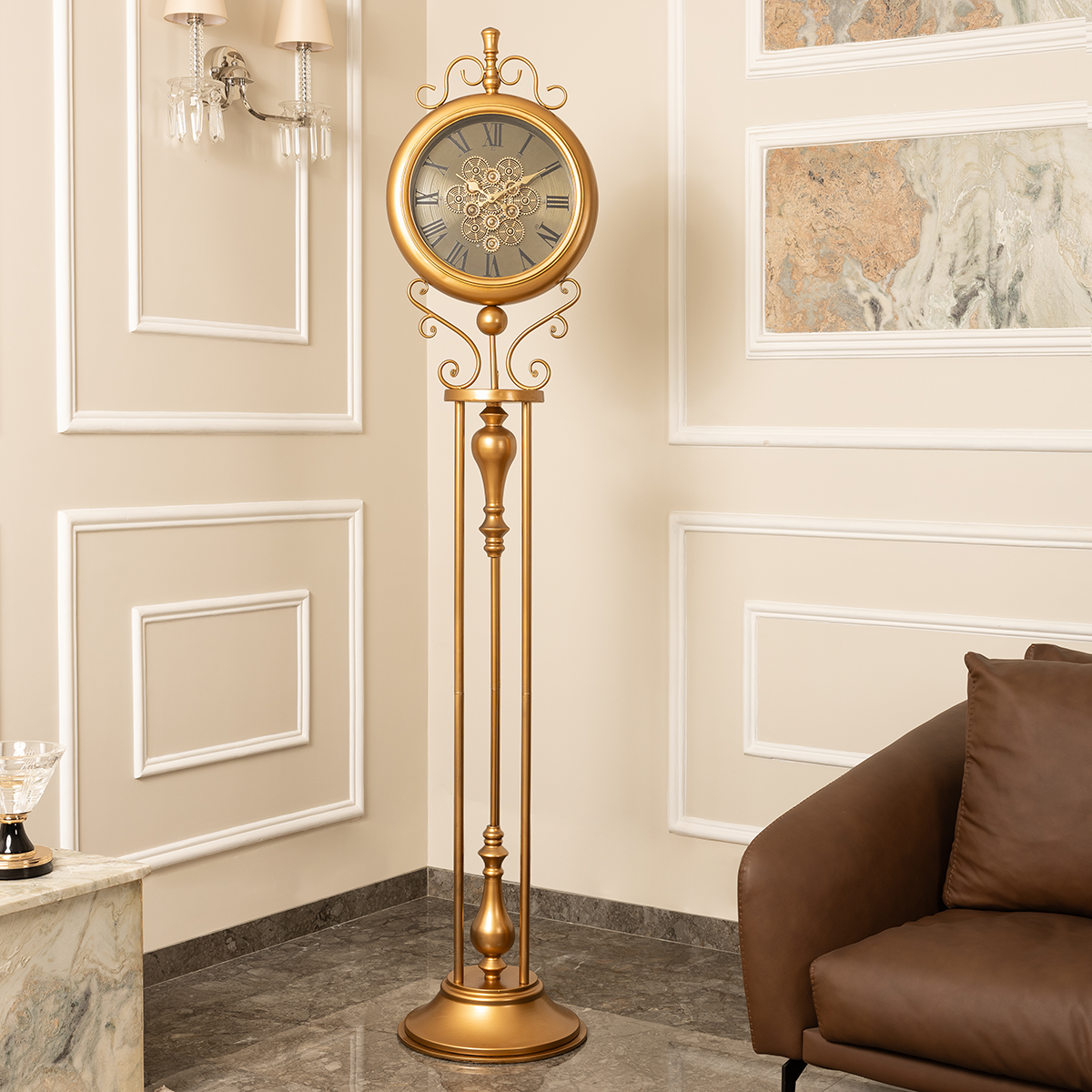 Classic Crown Luxury Designer Standing Clock With Moving Gear Mechanism (Steel Body)