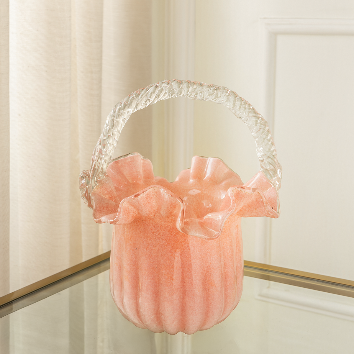 Rose Cloud Handle Vase Handblown Glass Showpiece & Items for Room Decoration