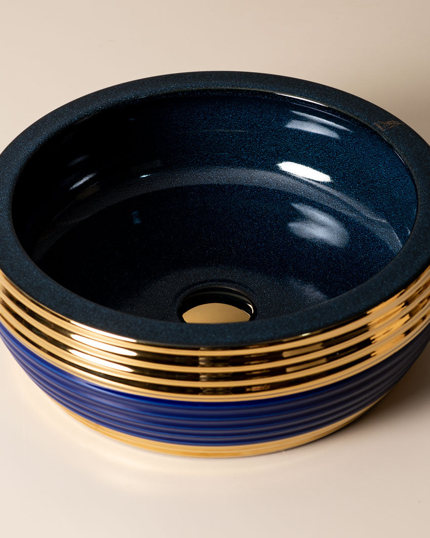 Blue & Gold Porcelain Countertop Wash Basin