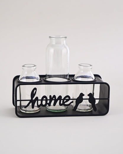 Rustic Home Glass Vase Set With Metal Stand