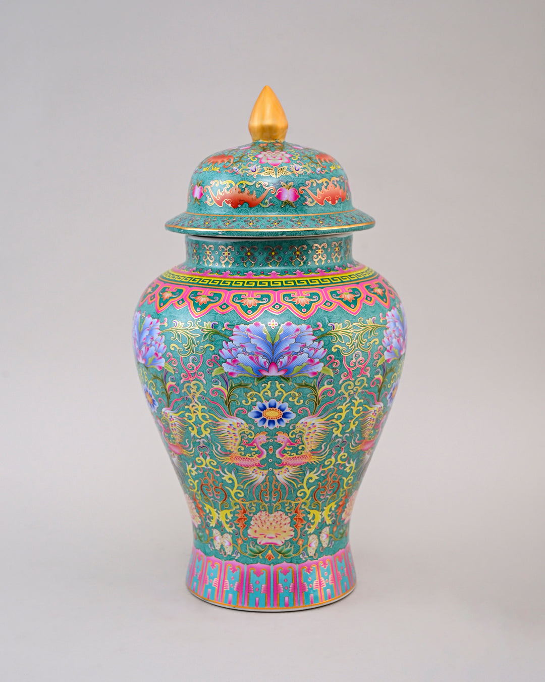 Cloisonné phoenix Temple Jar With Lid - Green - 39 cm