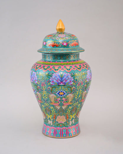 Cloisonné phoenix Temple Jar With Lid - Green - 39 cm