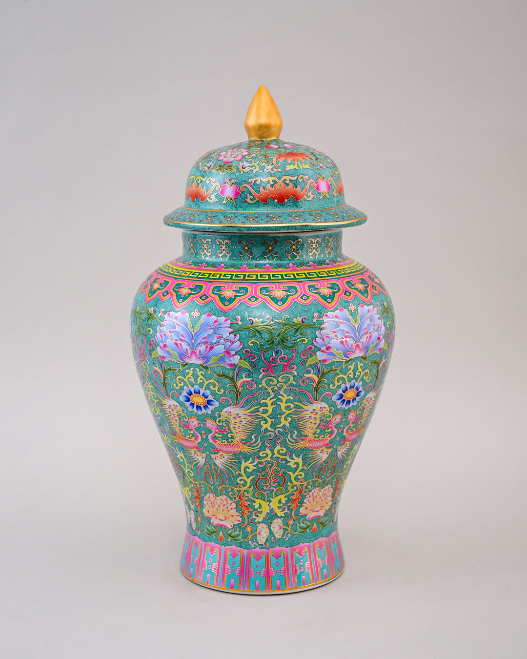 Cloisonné phoenix Temple Jar With Lid - Green - 39 cm