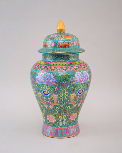 Cloisonné phoenix Temple Jar With Lid - Green - 39 cm