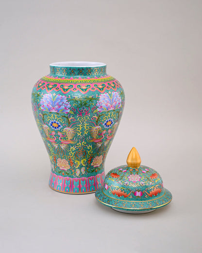 Cloisonné phoenix Temple Jar With Lid - Green - 39 cm