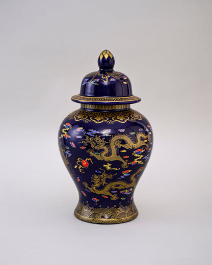 Golden Imperial Dragon Temple Jar - Midnight Blue - 35 cm