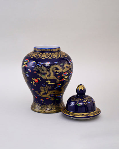 Golden Imperial Dragon Temple Jar - Midnight Blue - 35 cm