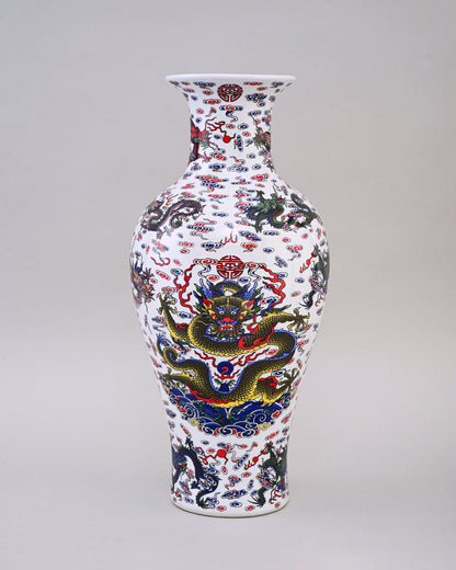 Dragon Motifs Symbolizing Ceramic Vase - White