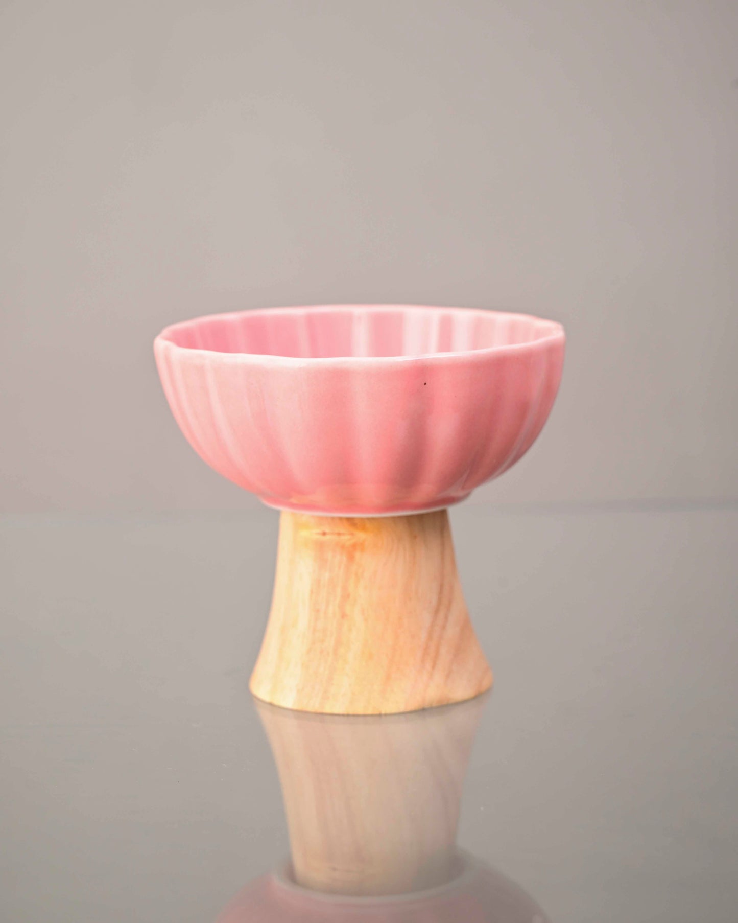 Ceramic + Wood Dessert Bowl - Pink