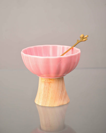 Ceramic + Wood Dessert Bowl - Pink
