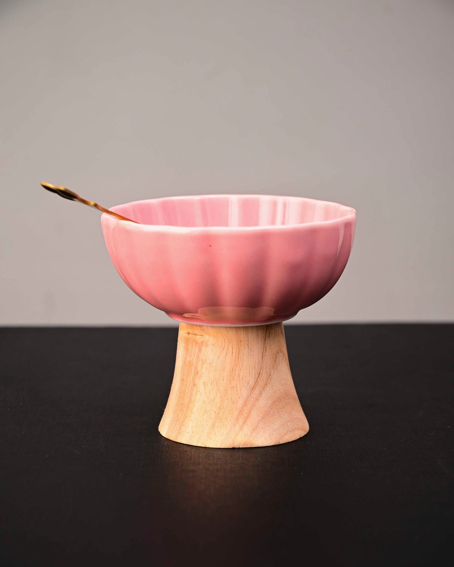 Ceramic + Wood Dessert Bowl - Pink