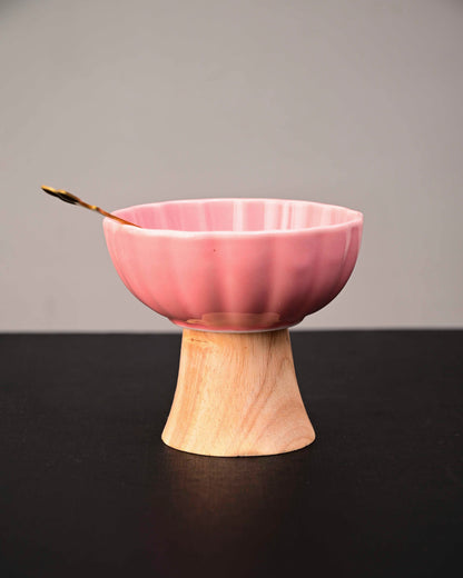 Ceramic + Wood Dessert Bowl - Pink