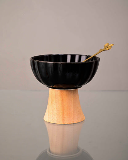 Ceramic + Wood Dessert Bowl - Black