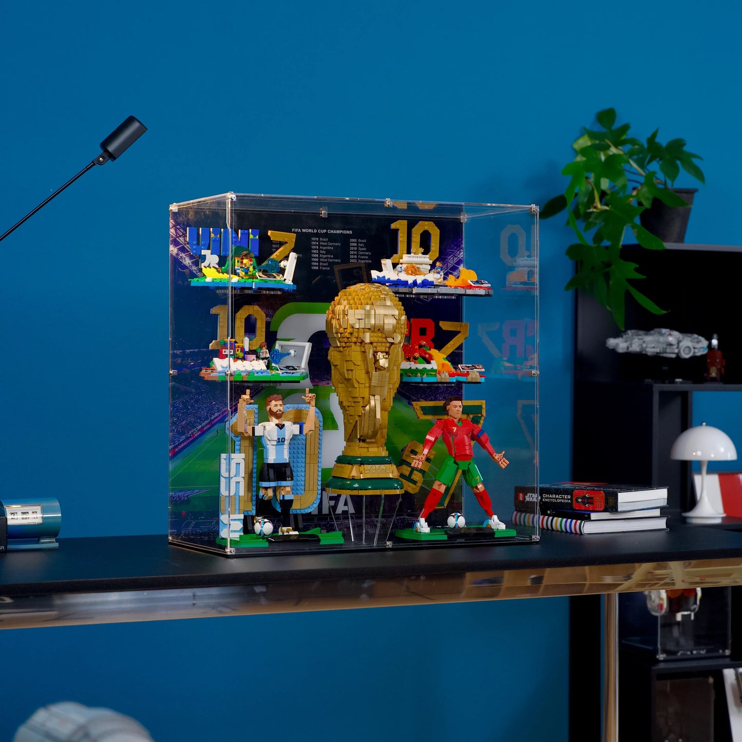 LEGO Display Case For Editions Soccer Legend Lionel Messi & Cristiano Ronaldo &Soccer Highlights 4 sets & FIFA World Cup™ Official Trophy