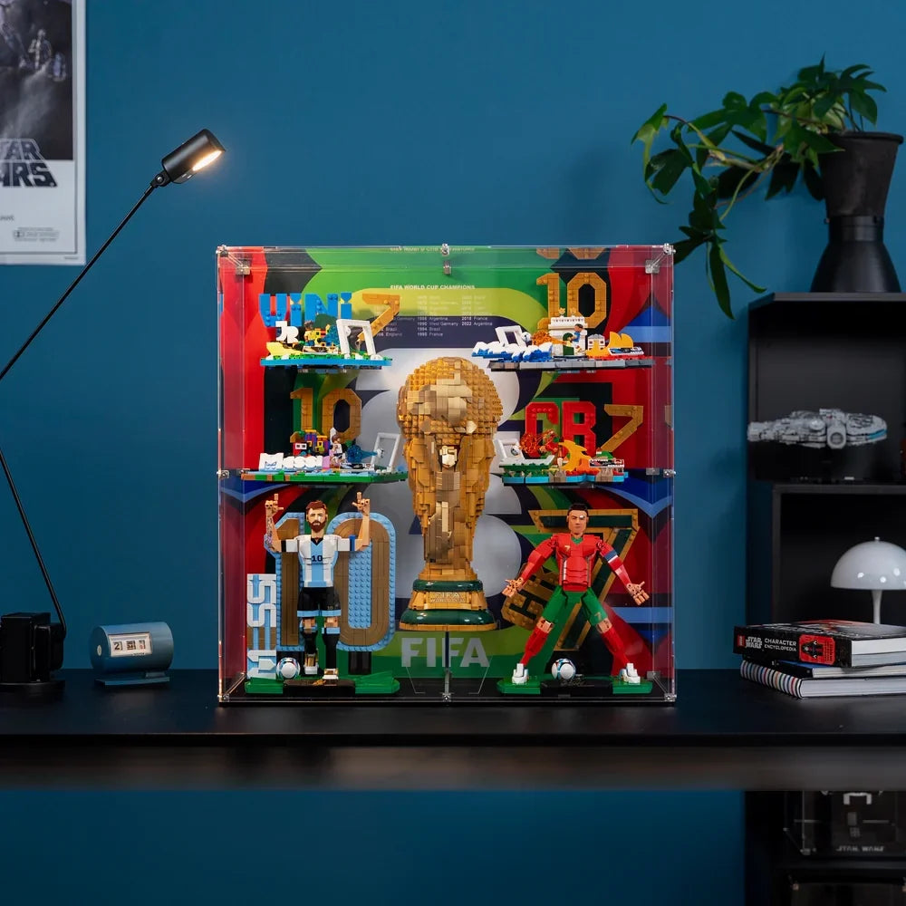 LEGO Display Case For Editions Soccer Legend Lionel Messi & Cristiano Ronaldo &Soccer Highlights 4 sets & FIFA World Cup™ Official Trophy