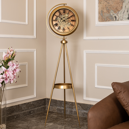 Phantom Dial Tripod Base Luxury Designer Floor Clock With Moving Gear Mechanism Buy Floor Clock Online - Gold  (Steel Body)