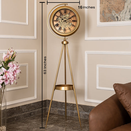 Phantom Dial Tripod Base Luxury Designer Floor Clock With Moving Gear Mechanism Buy Floor Clock Online - Gold  (Steel Body)