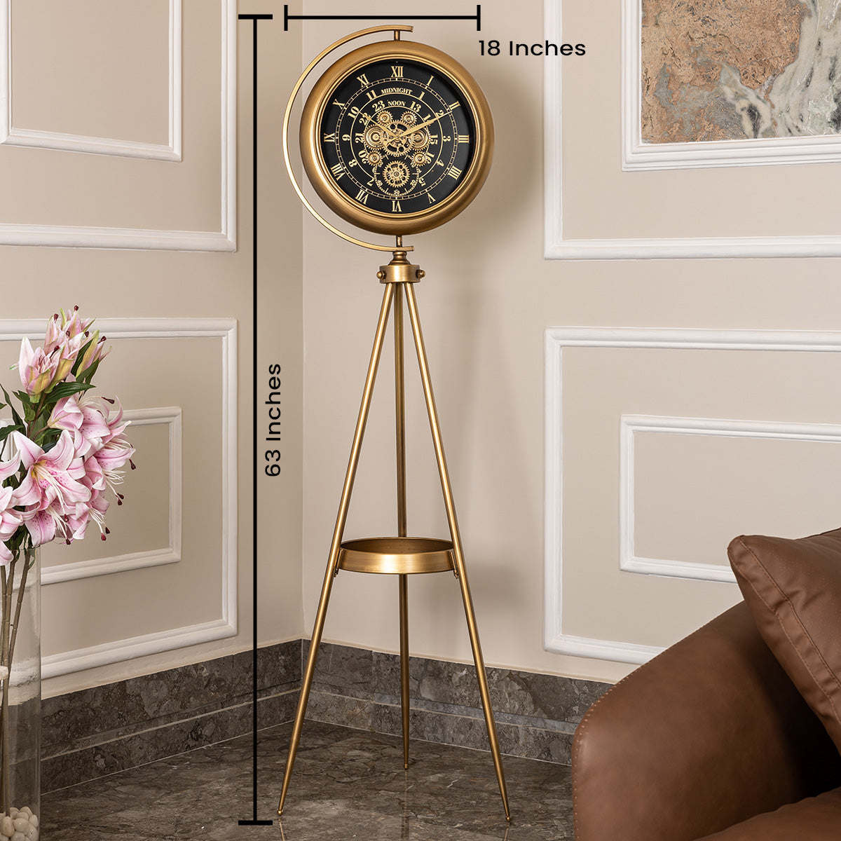 Mystic Motion Tripod Base Luxury Designer Floor Clock With Moving Gear Mechanism Buy Floor Clock Online (Steel Body) - Black