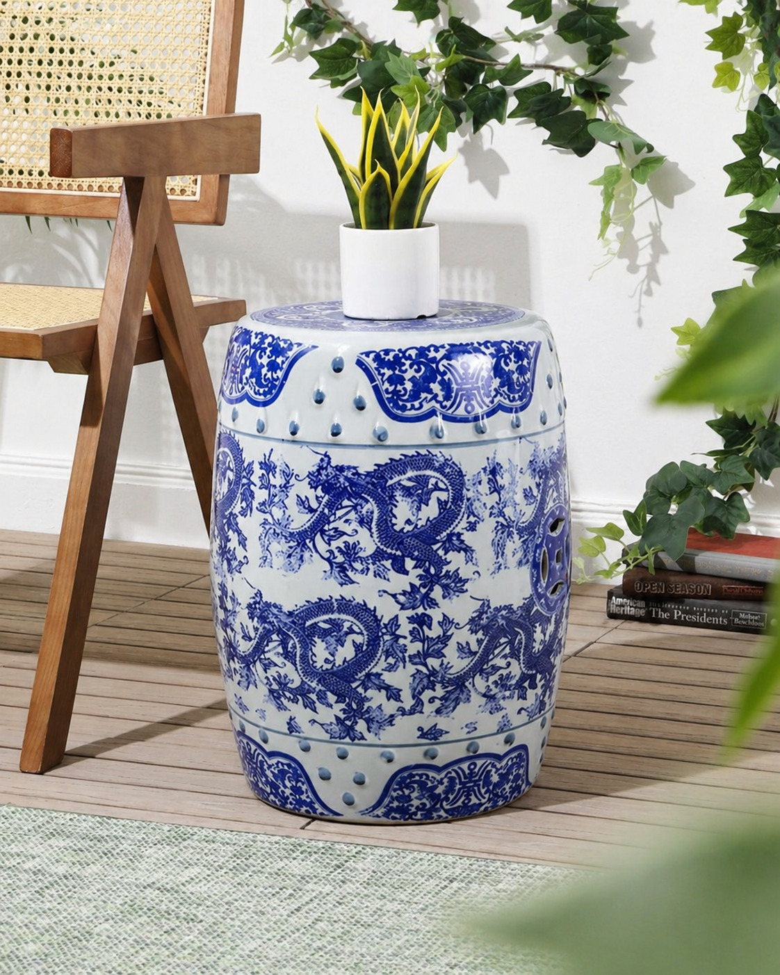 Blue Dragon Motif Garden Stool