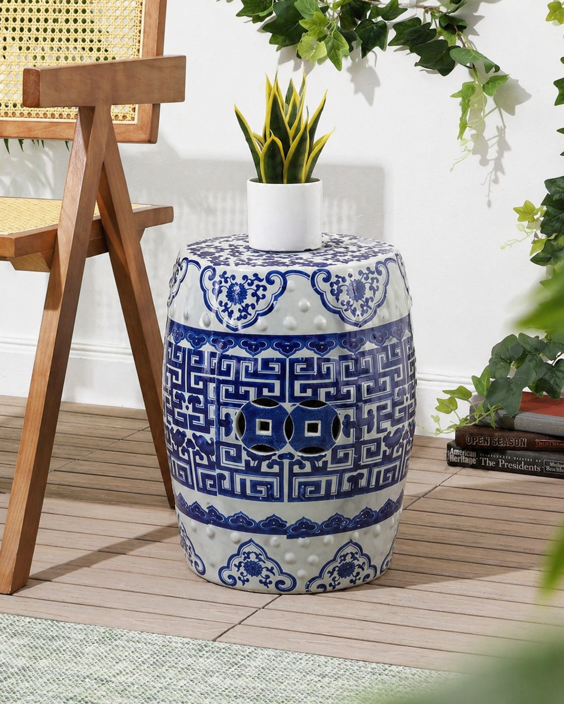 Blue Geometric Porcelain Garden Stool