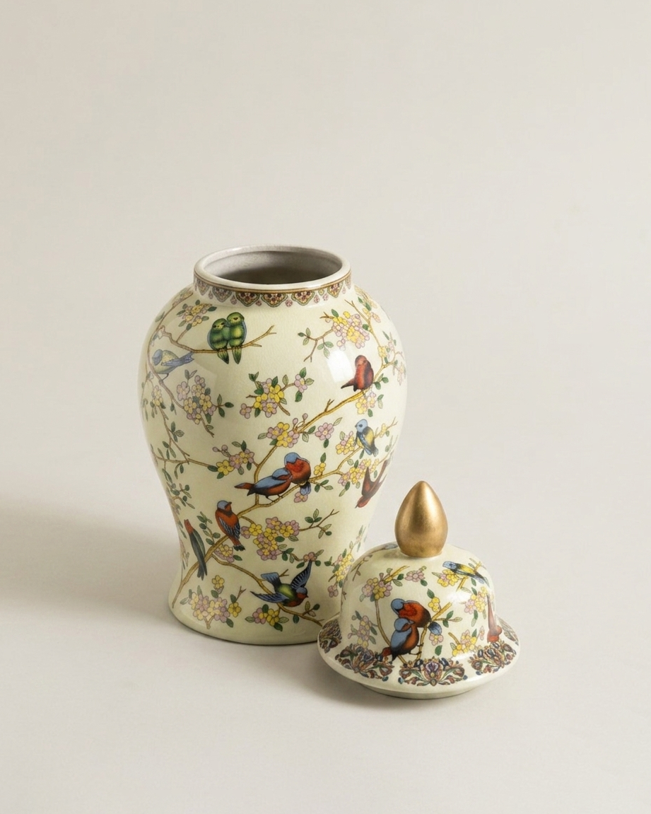 Floral Bird Ceramic Temple Jar