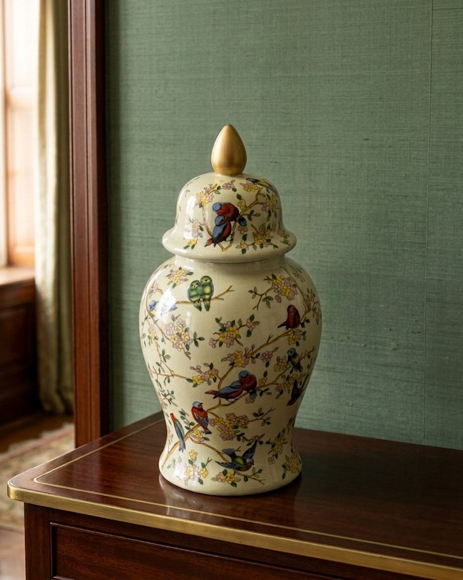 Floral Bird Ceramic Temple Jar