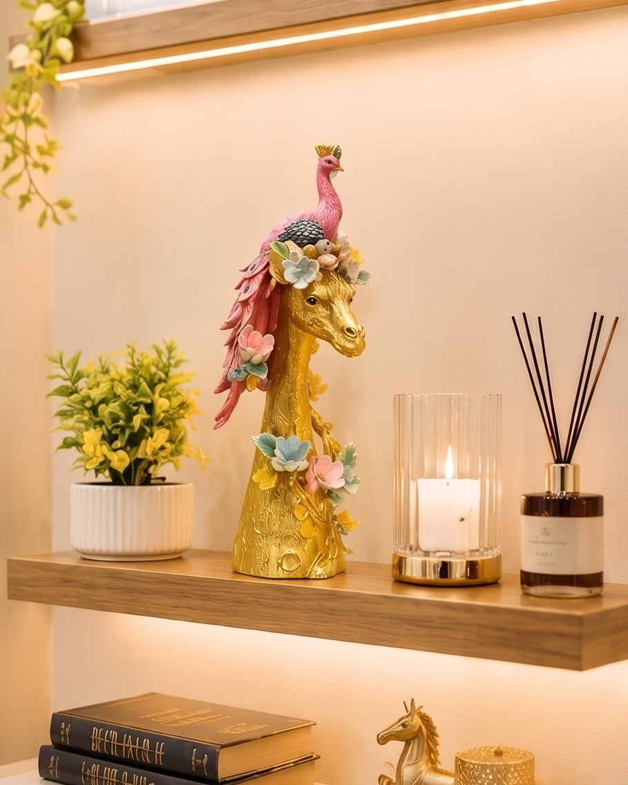 Peacock Majesty Giraffe Decorative Figurine - Pink