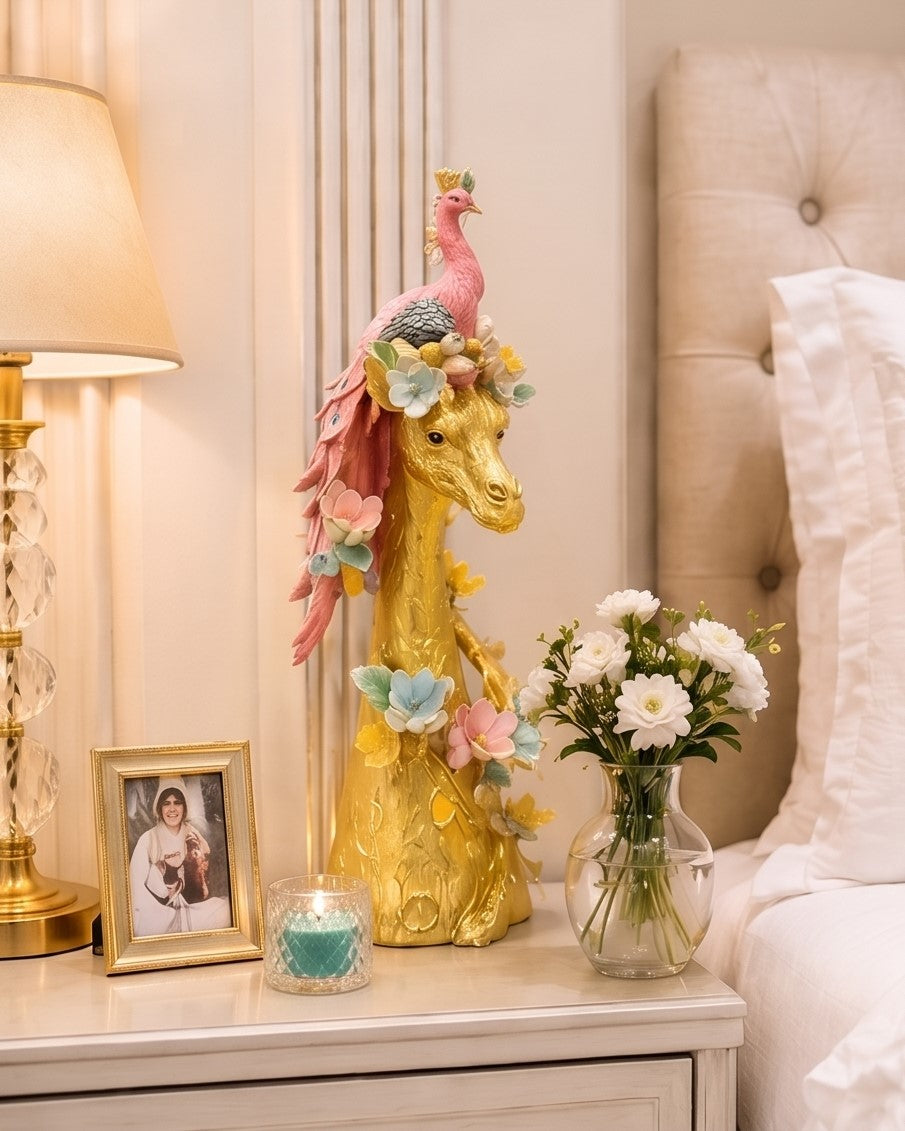 Peacock Majesty Giraffe Decorative Figurine - Pink