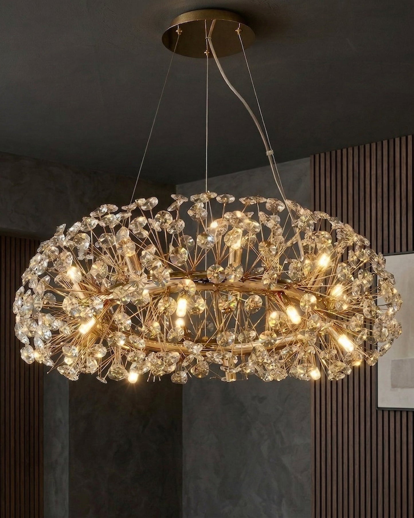 Modern Circular Crystal & Gold Starburst Chandelier