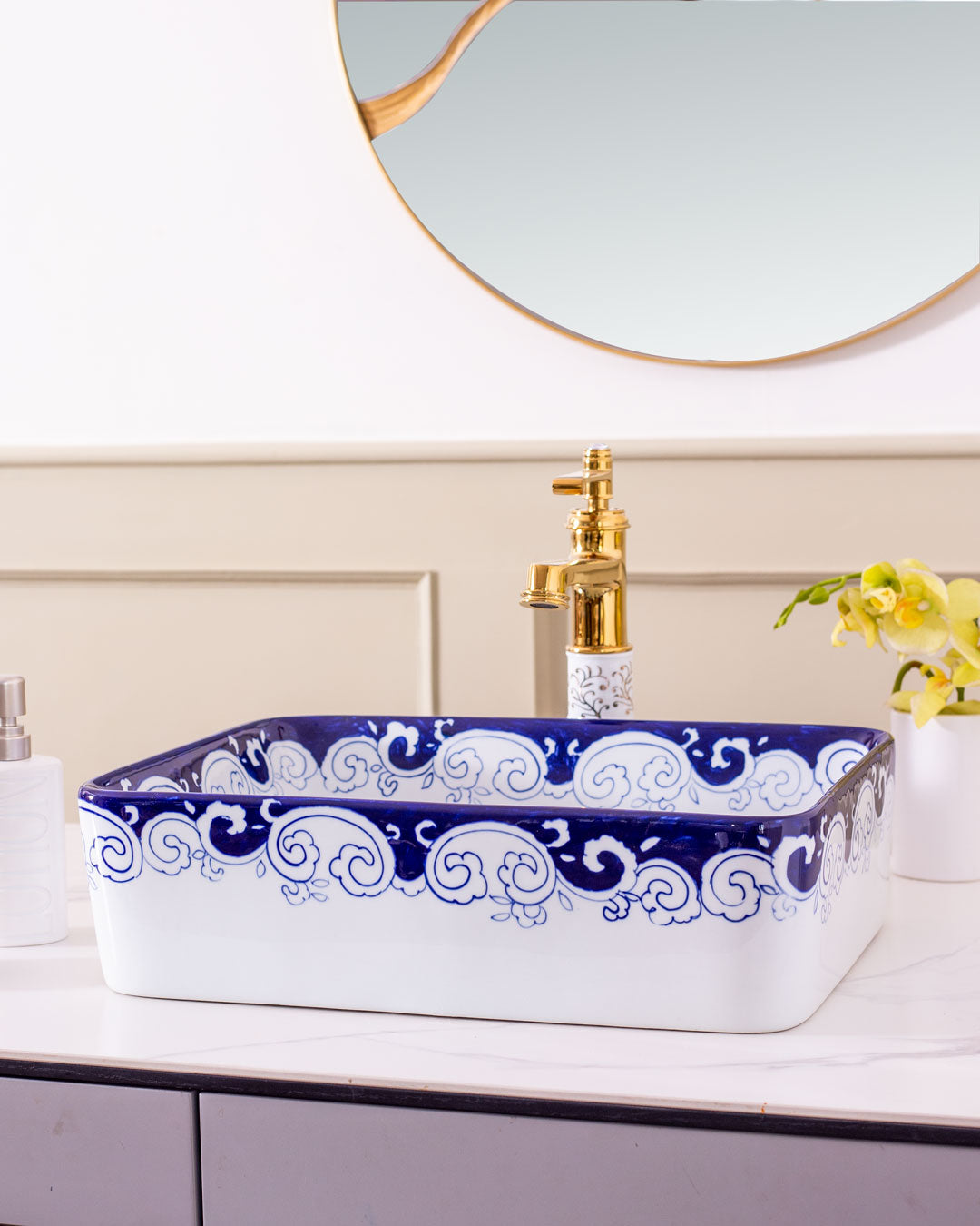 Peony Blue & White Porcelain Counter Top Basin