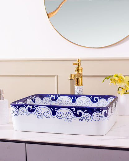 Peony Blue & White Porcelain Counter Top Basin
