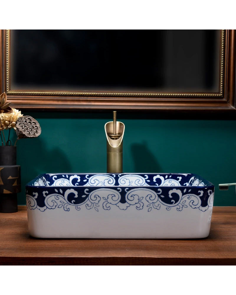 Peony Blue & White Porcelain Counter Top Basin