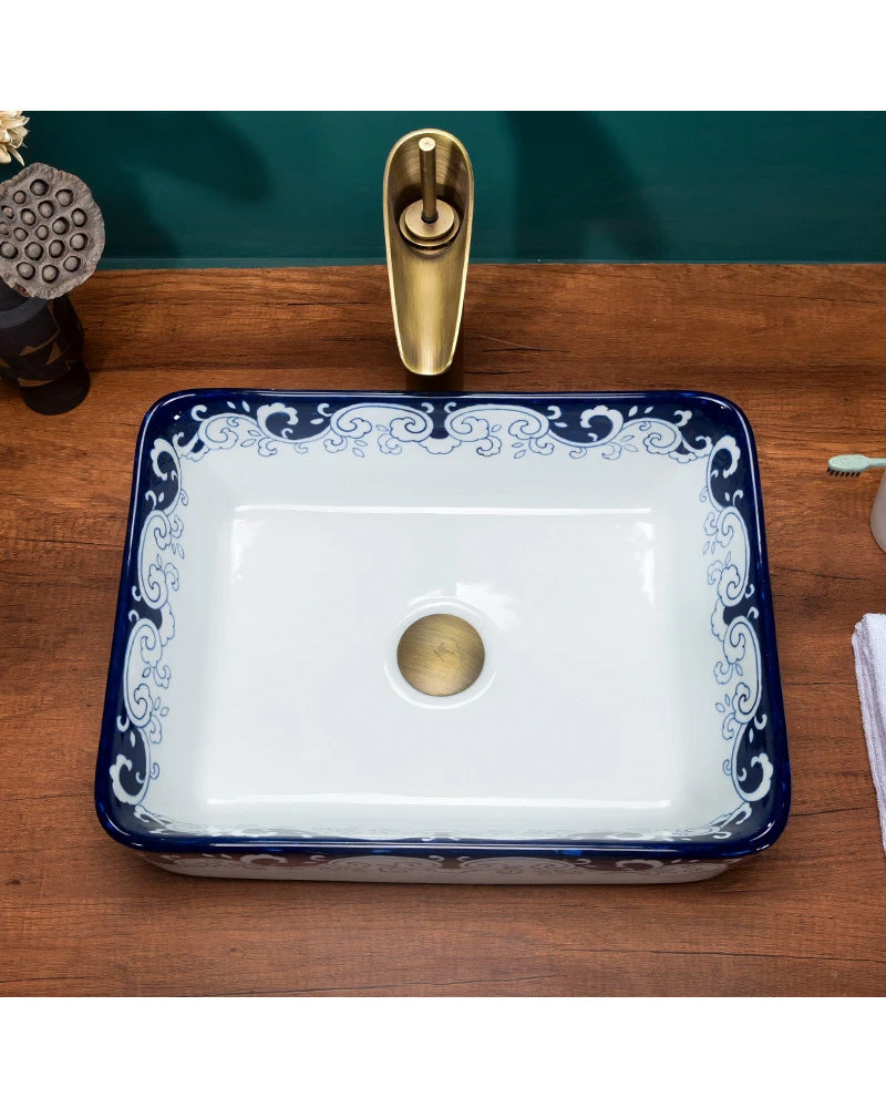Peony Blue & White Porcelain Counter Top Basin