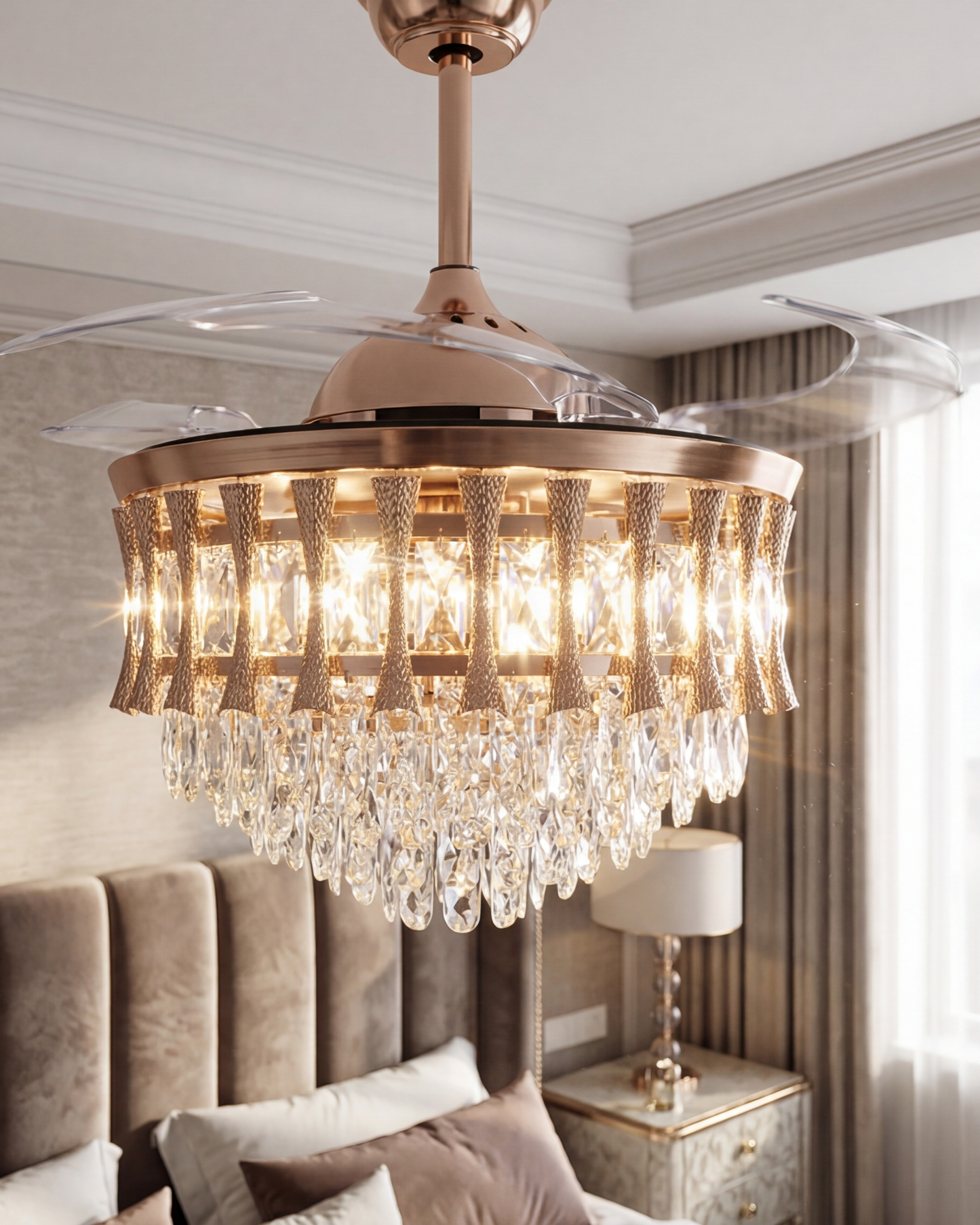 Crystal Luxe Retractable Ceiling Fan + Chandelier Light (with Remote Control)