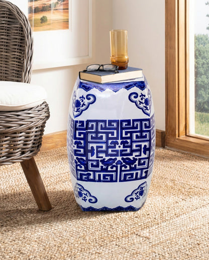Blue & White Geometric Garden Stool