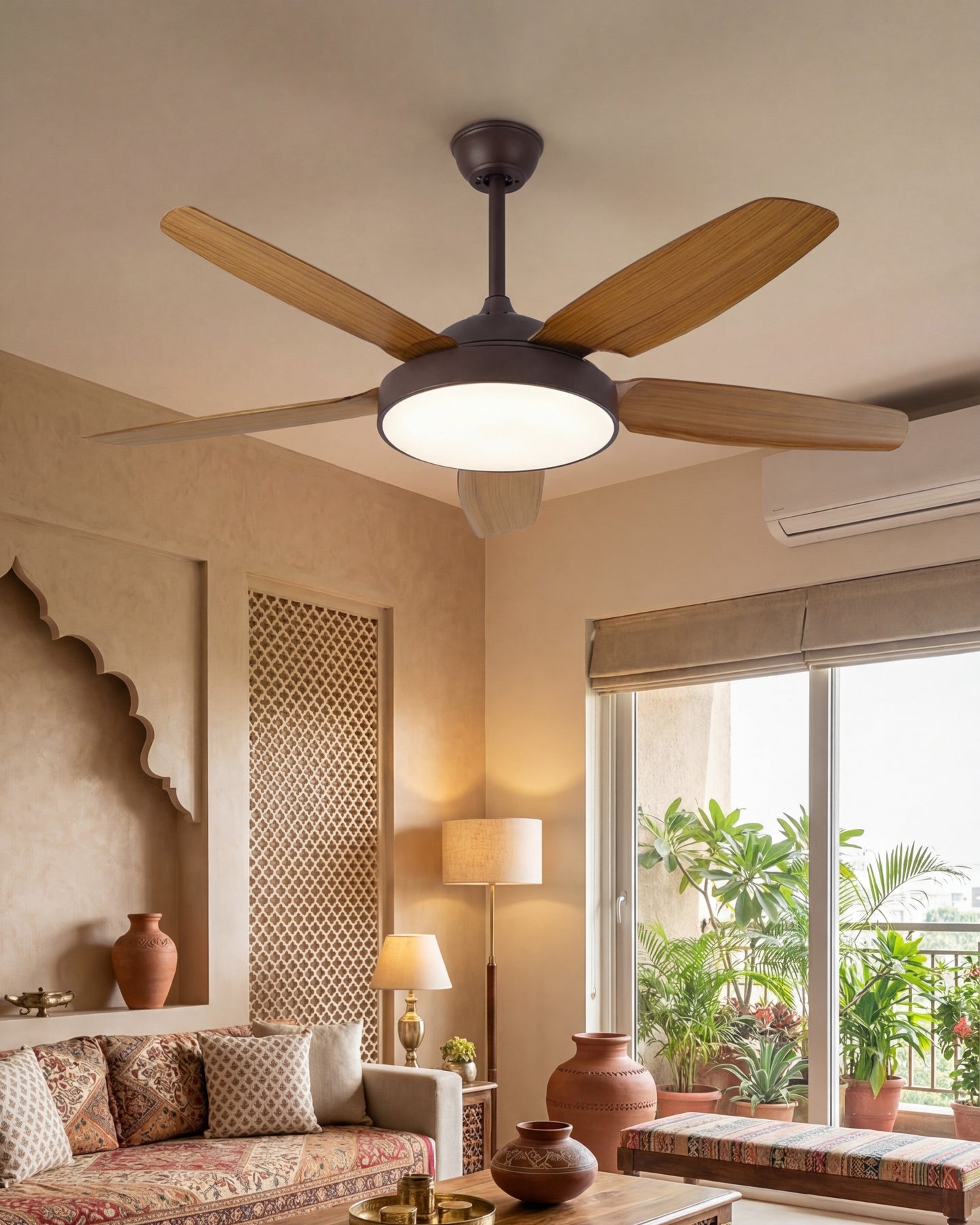 Wooden Blade Ceiling Fan + Chandelier Light (with Remote Control)