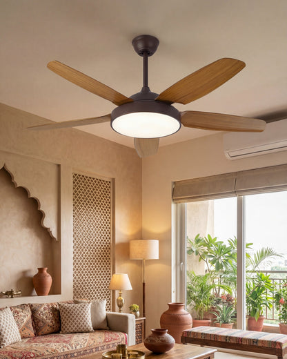 Wooden Blade Ceiling Fan + Chandelier Light (with Remote Control)