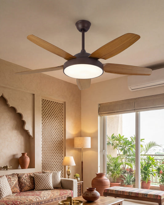 Wooden Blade Ceiling Fan + Chandelier Light (with Remote Control)