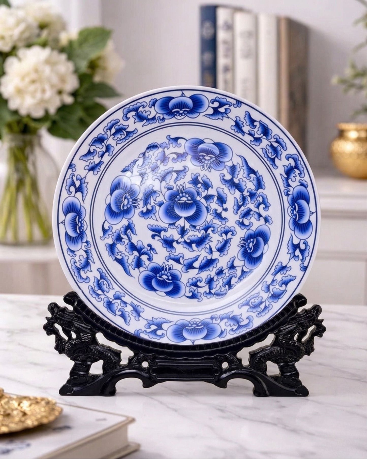 Blue Peony Blossom Decorative Plate - 35 cm