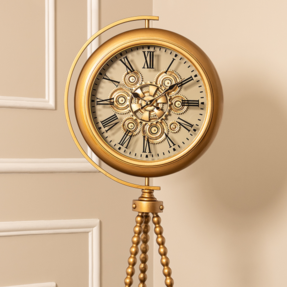 Golden Meridian Tripod Base Luxury Designer Standing Clock With Moving Gear Mechanism Buy Floor Clock Online - Ribbed (Steel Body)